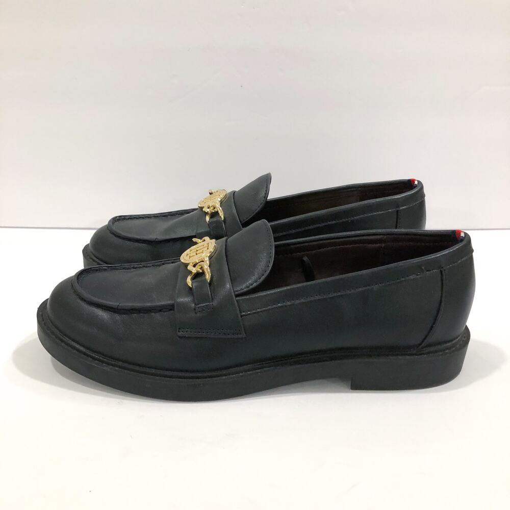 Tommy Hilfiger Terina Black Loafers Gold Chain Logo Flats - Picture 3 of 10